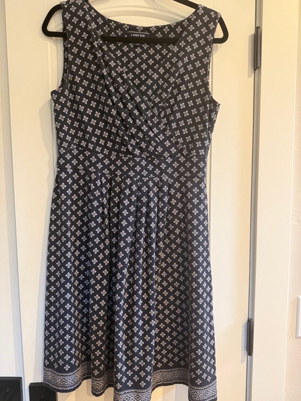 Lands' End Navy and White Sleeveless Fit-and-Flare Midi Dress